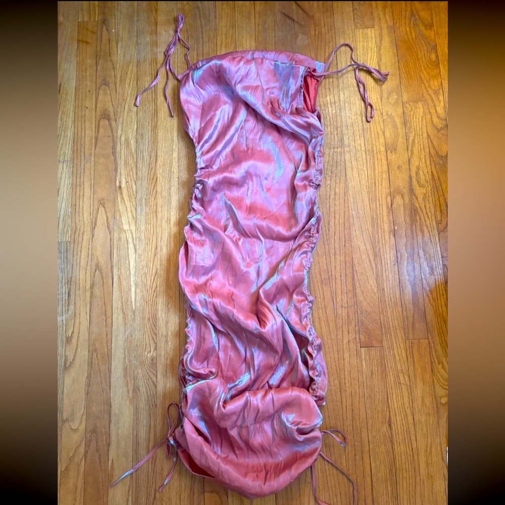 Prettylittlething Pink Metallic Shimmer Cowl Neck Tie Strap Midi Dress NWT